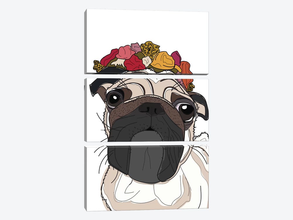 Pug With Flowers by Sketch and Paws 3-piece Canvas Print