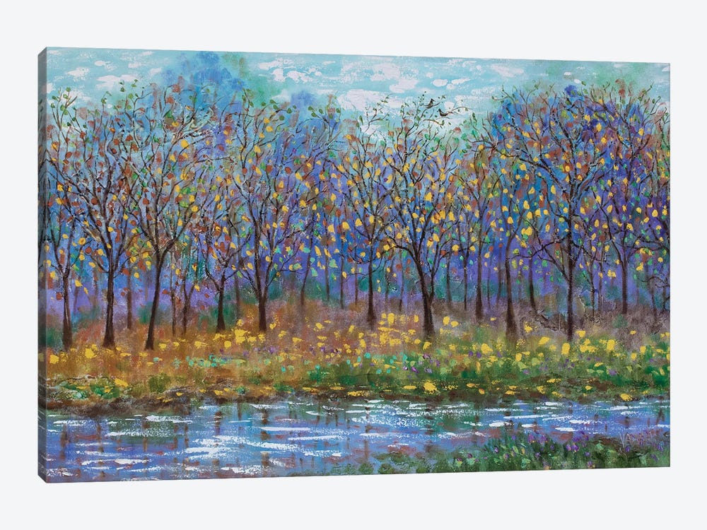 Autumn Trees, Love Birds And Stream by Jean (Vadal) Smith-Bentson 1-piece Canvas Wall Art