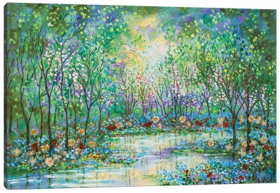 Springtime Stream And Wildflowers Canvas Art Print - Teal Abstract Art