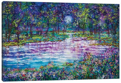 Violet Moon Stream And Fireflies Canvas Art Print - Water Lilies Collection