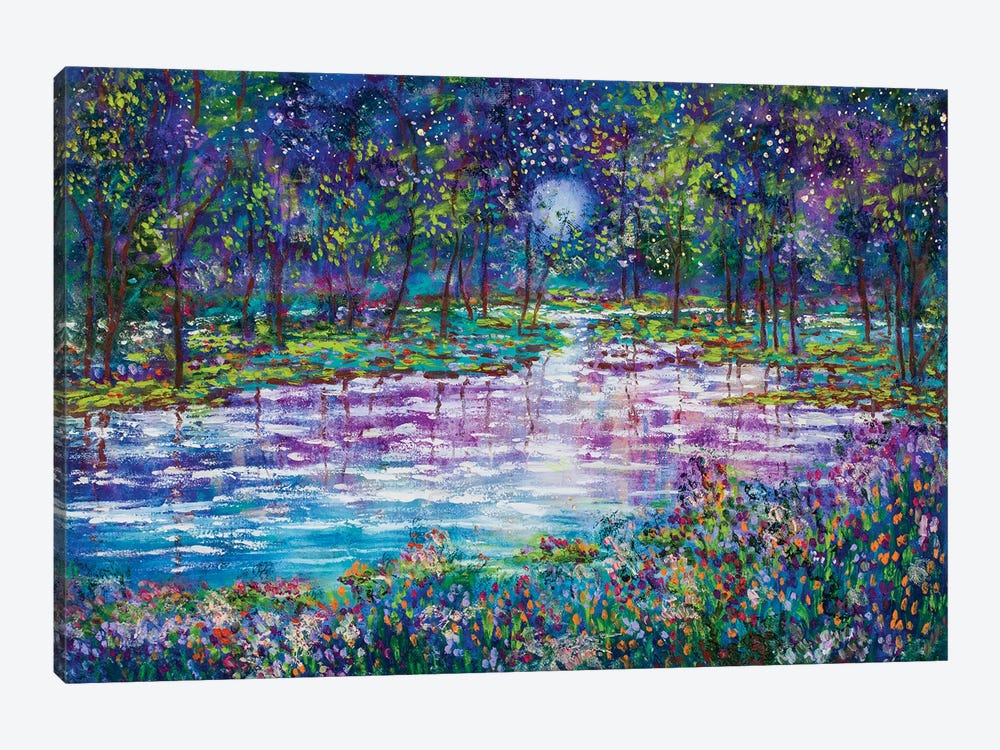 Violet Moon Stream And Fireflies by Jean (Vadal) Smith-Bentson 1-piece Canvas Print