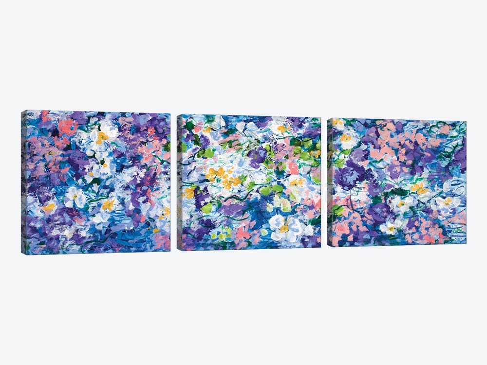 Blue And White Floral With Gold by Jean (Vadal) Smith-Bentson 3-piece Art Print
