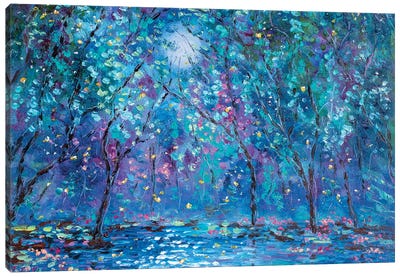 Spring Moonlight Stream And Fireflies Canvas Art Print - Firefly Art