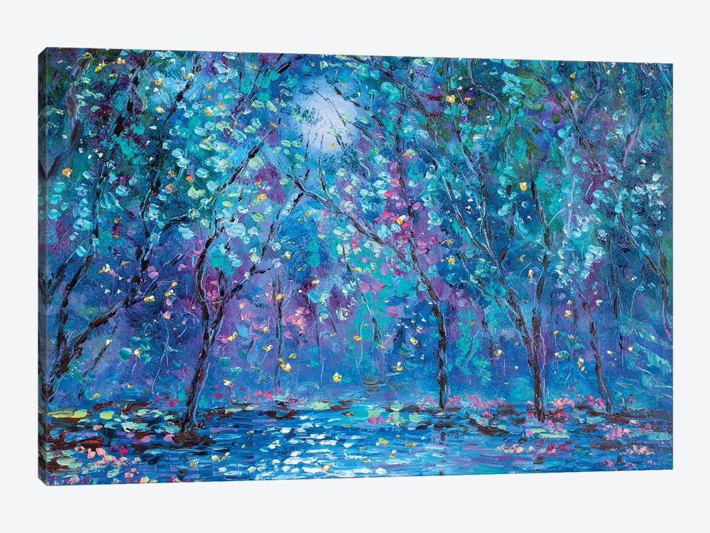 Spring Moonlight Stream And Fireflies by Jean (Vadal) Smith-Bentson 1-piece Canvas Art Print