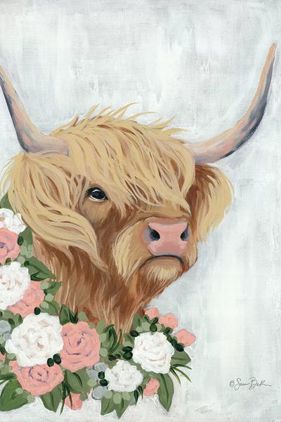 Floral Highlander Cow by Sara Baker framed wall art
