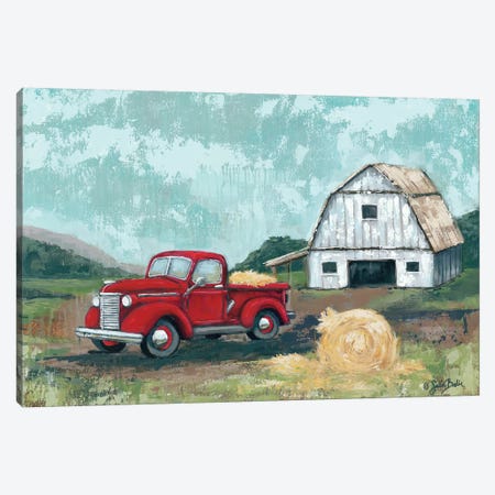 Red Truck at the Barn Canvas Print #SBK21} by Sara Baker Canvas Art Print