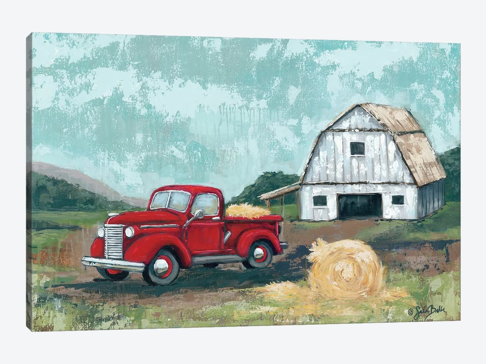 Red Truck at the Barn by Sara Baker 1-piece Canvas Wall Art
