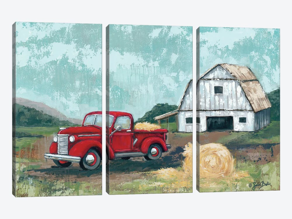 Red Truck at the Barn by Sara Baker 3-piece Canvas Artwork