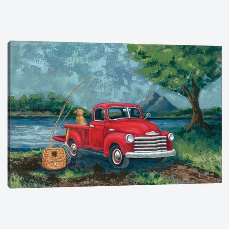 Red Truck Fishing Buddy Canvas Print #SBK22} by Sara Baker Canvas Print