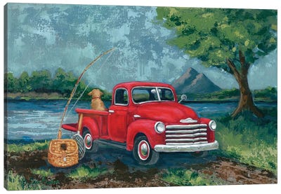 Red Truck Fishing Buddy Canvas Art Print - Fishing Art