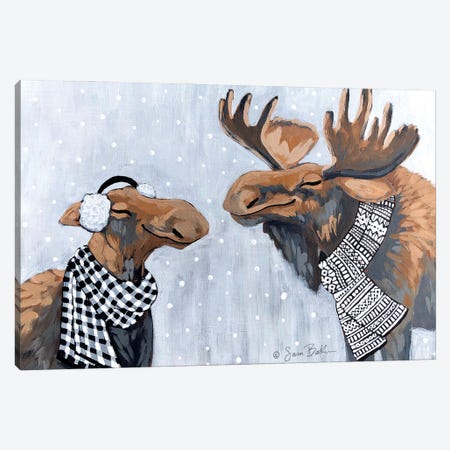 Winter Moose Kisses Canvas Print #SBK31} by Sara Baker Canvas Art