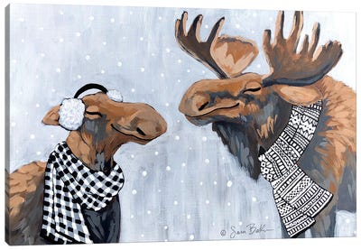 Winter Moose Kisses Canvas Art Print - Christmas Animal Art