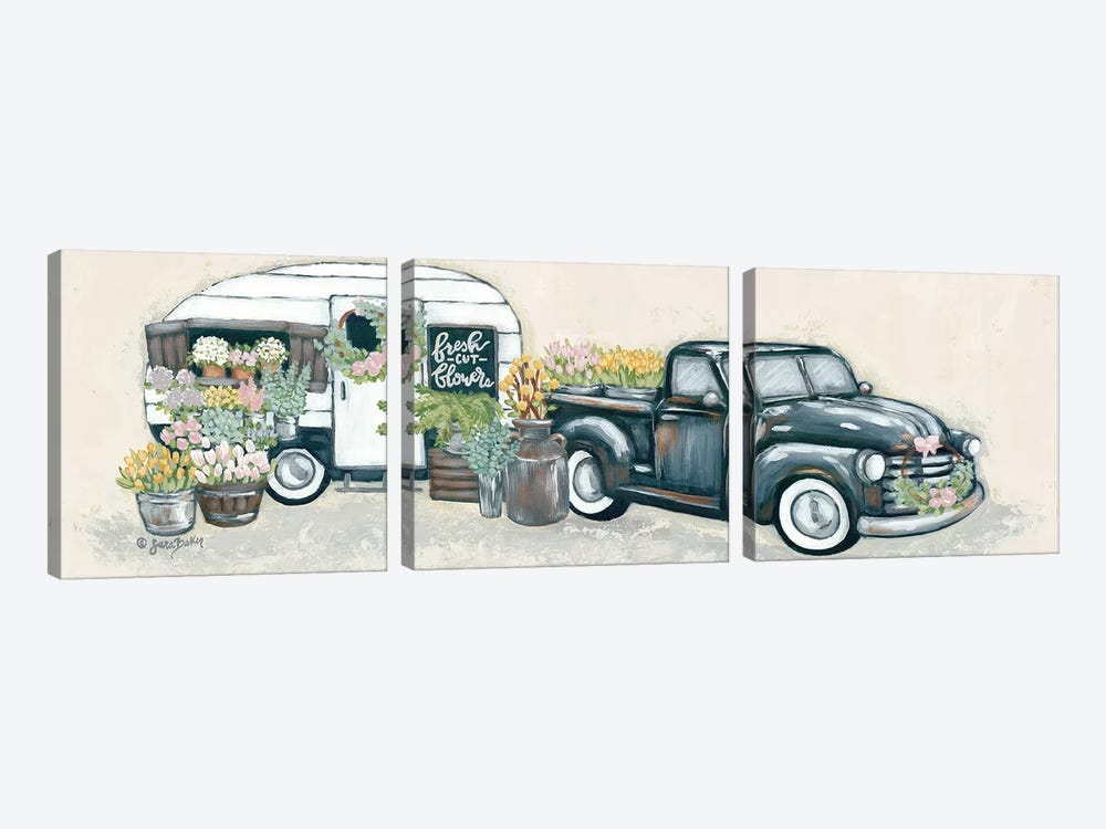 Vintage Flower Truck and Trailer by Sara Baker 3-piece Canvas Art