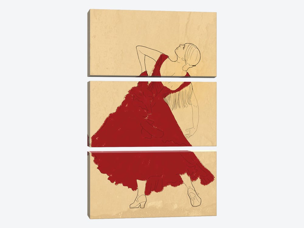 Spanish Flamenco Woman Dancer In A Red Dress by Sabrina Balbuena 3-piece Art Print
