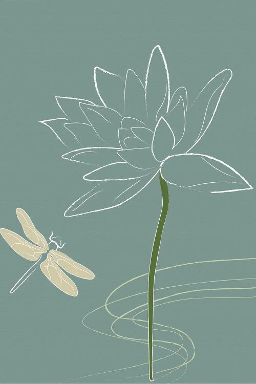 Japanese Art Style Drawing Dragonfly And The Flower by Sabrina Balbuena wall art
