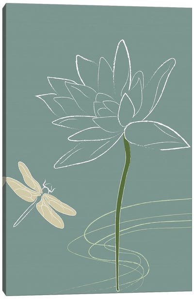 Japanese Art Style Drawing Dragonfly And The Flower Canvas Art Print