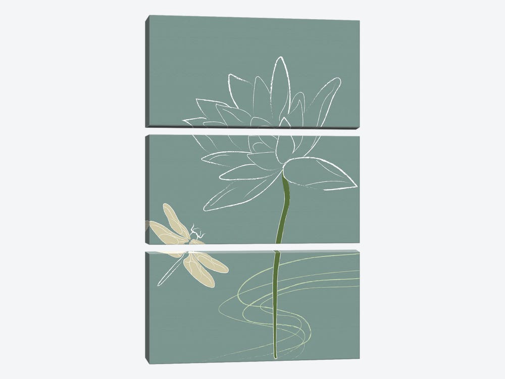 Japanese Art Style Drawing Dragonfly And The Flower by Sabrina Balbuena 3-piece Canvas Artwork