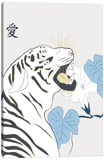 Japanese Art Style Drawing White Tiger Canvas Art Print