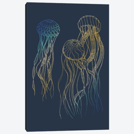 Sealife Blue And Gold Jellyfishes Canvas Print #SBU58} by Sabrina Balbuena Canvas Wall Art