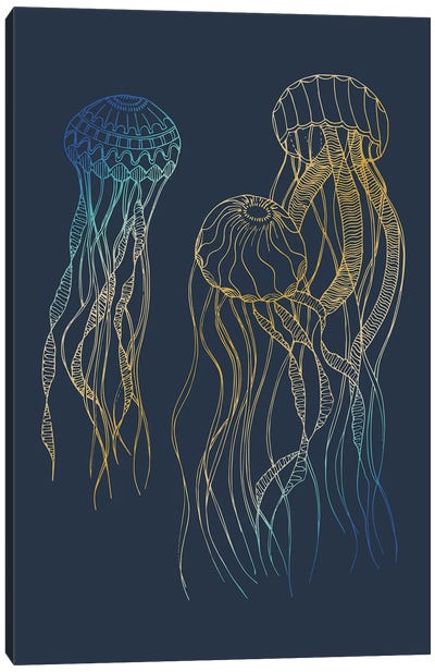 Sealife Blue And Gold Jellyfishes Canvas Art Print - Jellyfish Art