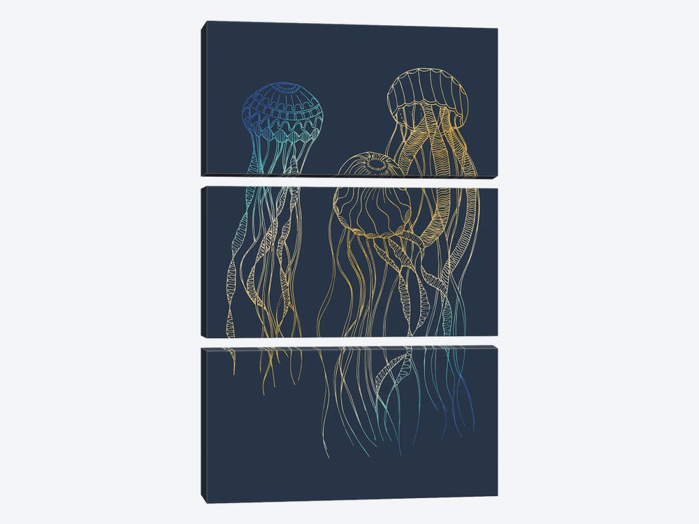 Sealife Blue And Gold Jellyfishes by Sabrina Balbuena 3-piece Canvas Art