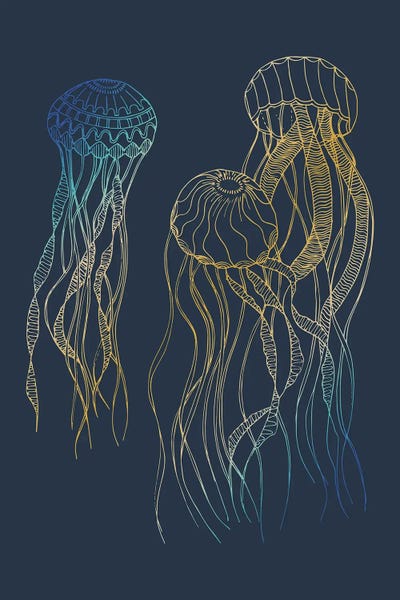 Sabrina Balbuena: Sealife Blue And Gold Jellyfishes by Sabrina Balbuena