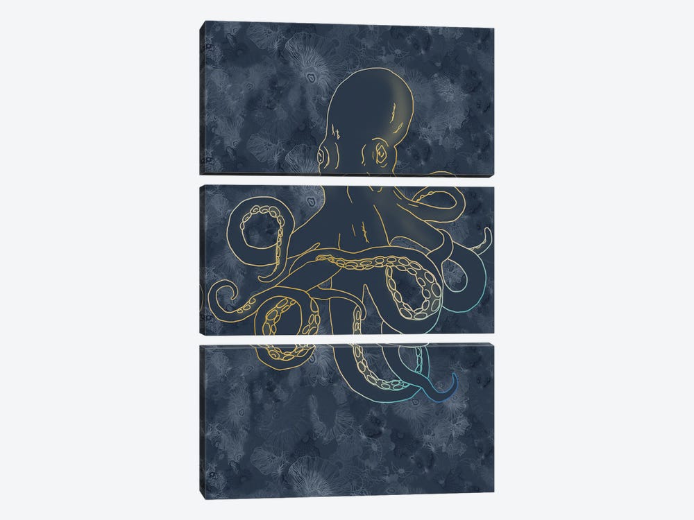 Sealife Blue And Gold Giant Octopus by Sabrina Balbuena 3-piece Canvas Print