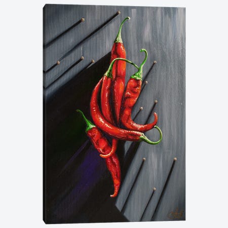 Still life with Louis Vuitton bag, jalapeño peppers and mini statue.  Original acrylic painting on wood panel 8x10 inches. Fashion. Painting by  Victoria Sukhasyan