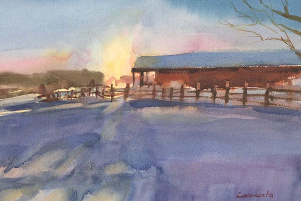 Stephen Calcasola: Long Barn At Sunset by Stephen Calcasola