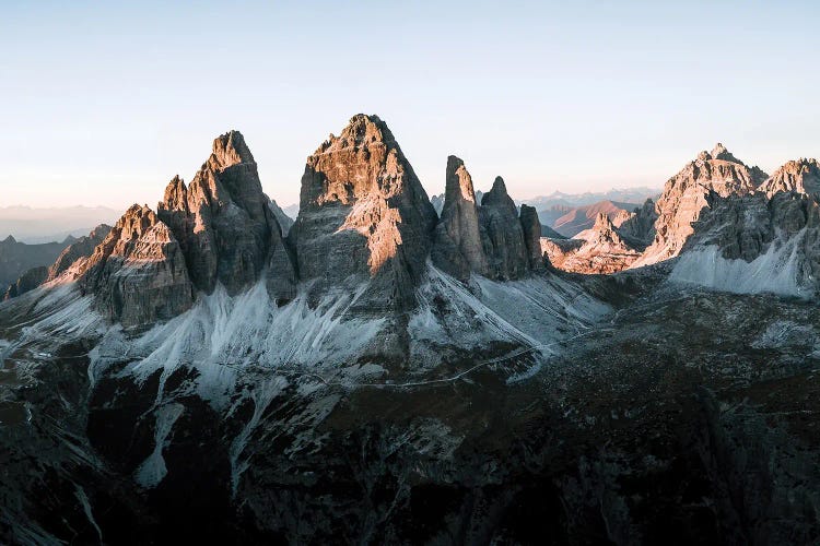 Dolomites Mountains Tre Cime Peaks Sunset In Italy Panorama