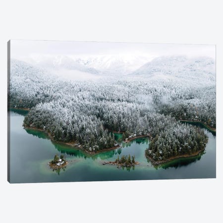 Mountain Lake From Above With Forest Covered In Snow Canvas Print #SCE106} by Michael Schauer Canvas Wall Art