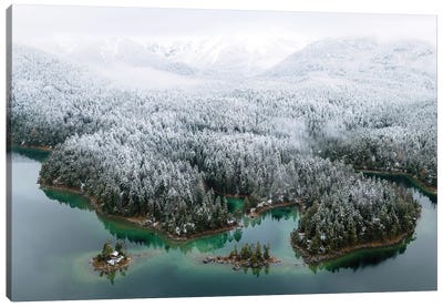 Mountain Lake From Above With Forest Covered In Snow Canvas Art Print - Michael Schauer