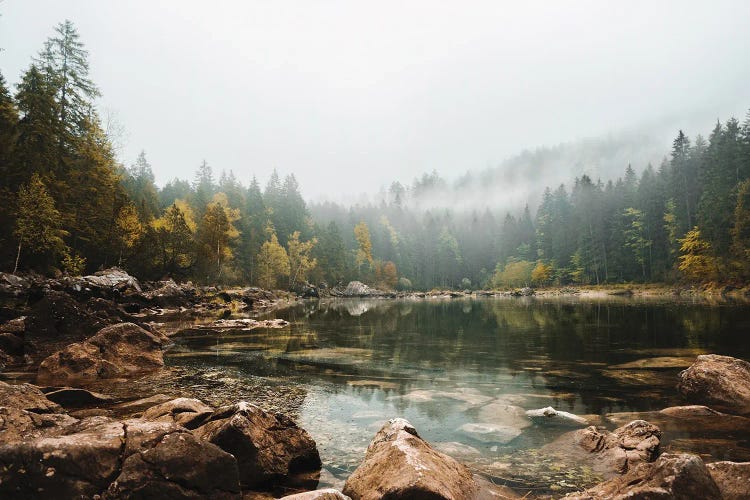 Calm Forest Lake During A Foggy Autumn Morning