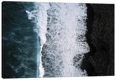 Black Sand Beach Being Hit By A Wave From Above Canvas Art Print - Michael Schauer