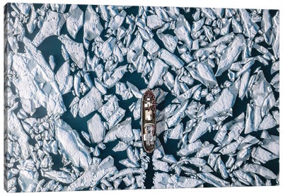 Icebreaker Pushing Its Way Through The Frozen Ocean From Above Canvas Art Print - Glacier & Iceberg Art