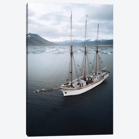 Sailing Ship Anchored In Svalbard In Front Of A Glacial River Delta Canvas Print #SCE145} by Michael Schauer Canvas Wall Art