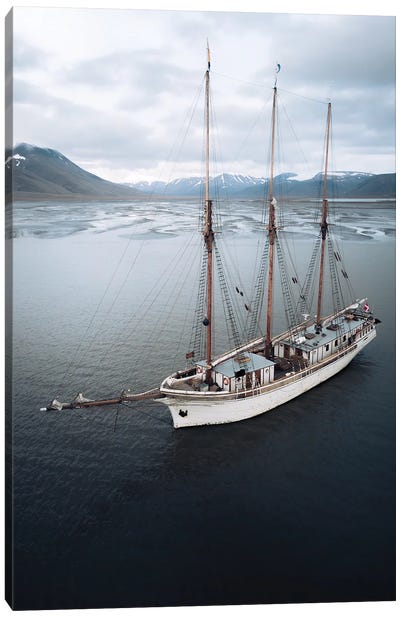 Sailing Ship Anchored In Svalbard In Front Of A Glacial River Delta Canvas Art Print - Michael Schauer