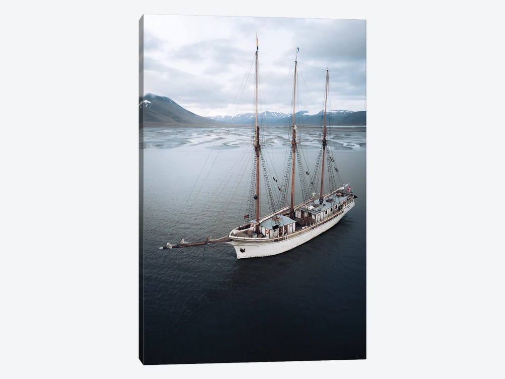 Sailing Ship Anchored In Svalbard In Front Of A Glacial River Delta by Michael Schauer 1-piece Canvas Wall Art