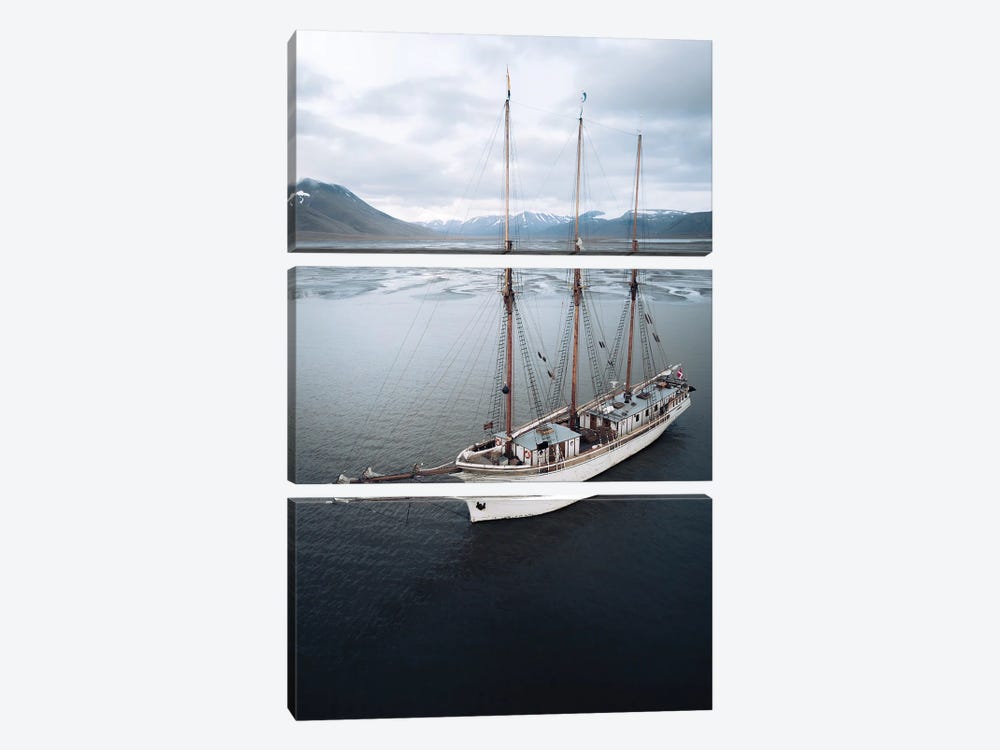 Sailing Ship Anchored In Svalbard In Front Of A Glacial River Delta by Michael Schauer 3-piece Canvas Art
