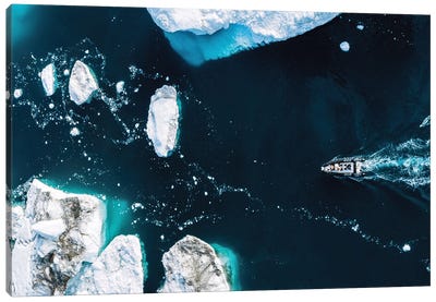 Small Boat Driving Through Huge Icebergs In Greenland Canvas Art Print - Glacier & Iceberg Art