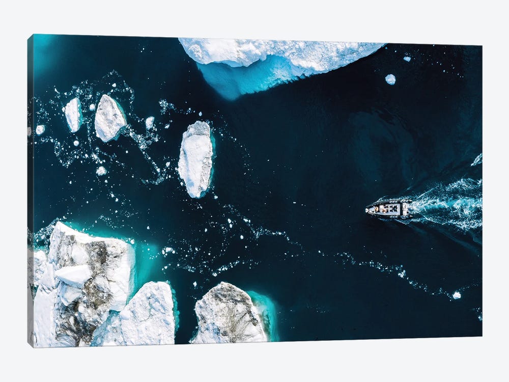 Small Boat Driving Through Huge Icebergs In Greenland 1-piece Art Print