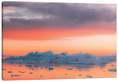 Magical Iceberg Scene During A Burning Sunset Canvas Art Print - Glacier & Iceberg Art