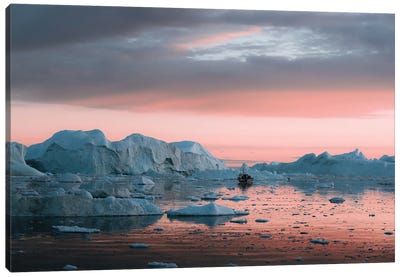 Ship Floating In Silence Through Icebergs In Greenland Canvas Art Print - Glacier & Iceberg Art
