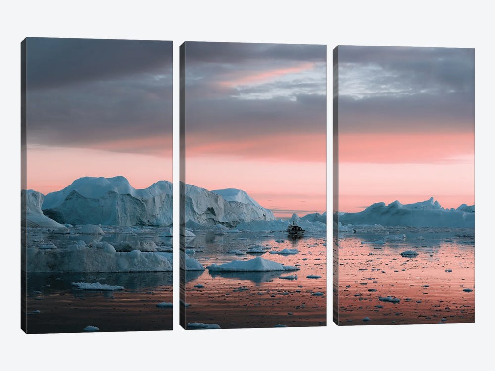 Ship Floating In Silence Through Icebergs In Greenland by Michael Schauer 3-piece Canvas Art
