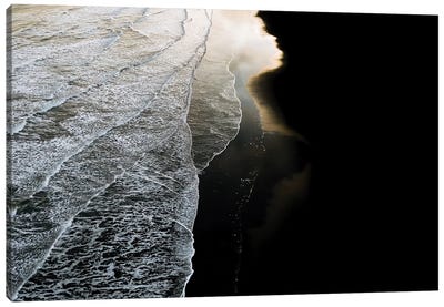 Minimal Waves Crashing On A Black Sand Beach In Iceland During Sunset Canvas Art Print - Beach Sunrise & Sunset Art