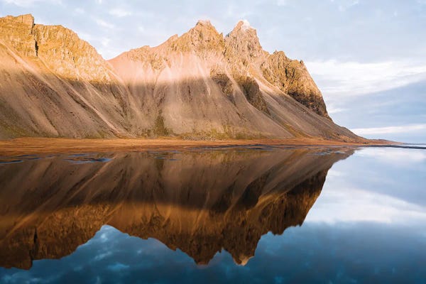 Iceland: Perfect Reflection Of Vestrahorn Mountain In Iceland During Sunset by Michael Schauer
