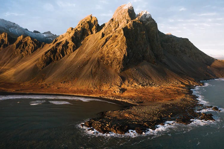 Vestrahorn Mountain By The Atlantic Ocean In Iceland Seen From Above During Sunset