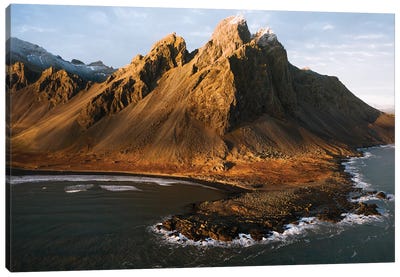 Vestrahorn Mountain By The Atlantic Ocean In Iceland Seen From Above During Sunset Canvas Art Print - Appalachian Mountain Art