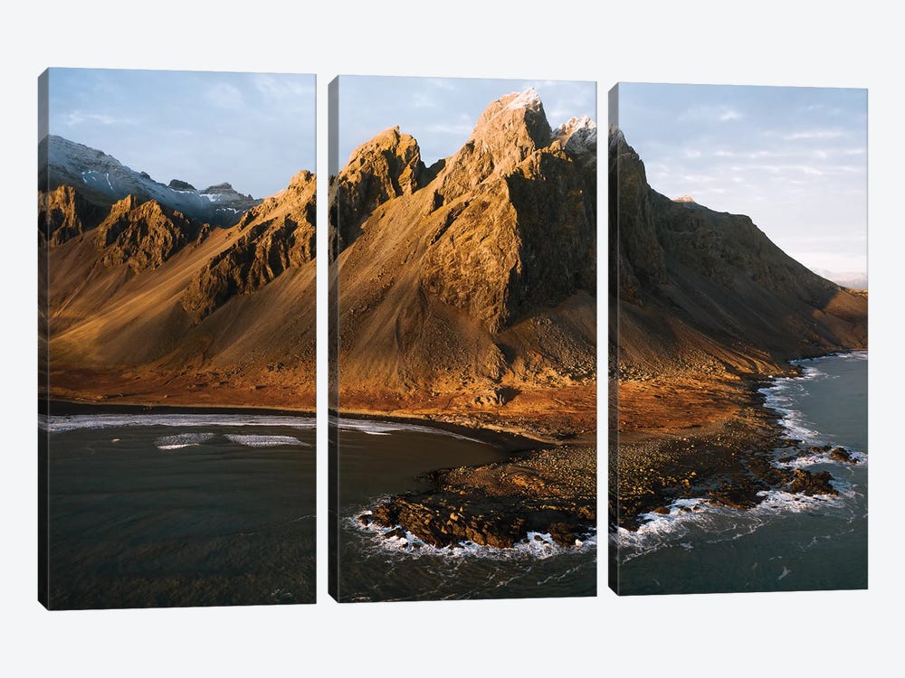 Vestrahorn Mountain By The Atlantic Ocean In Iceland Seen From Above During Sunset by Michael Schauer 3-piece Art Print