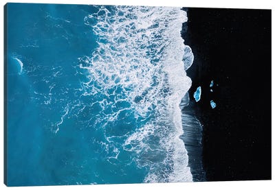 Abstract And Minimalist Black Sand Beach With Waves With Chunks Of Ice In Iceland Canvas Art Print - Aerial Photography